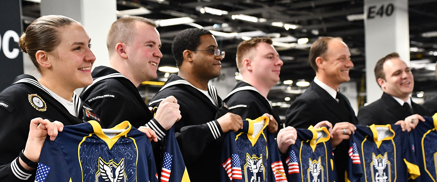 The Navy Esports team poses for a team photo while displaying their official team jerseys at DreamHack Anaheim 2020