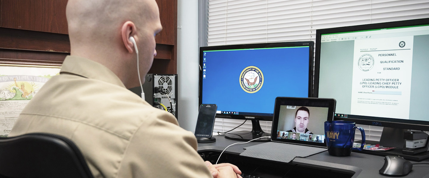 A U.S. Navy Human Resources Officer hosts a virtual video chat to speak with a potential recruit about career opportunities in the Navy.