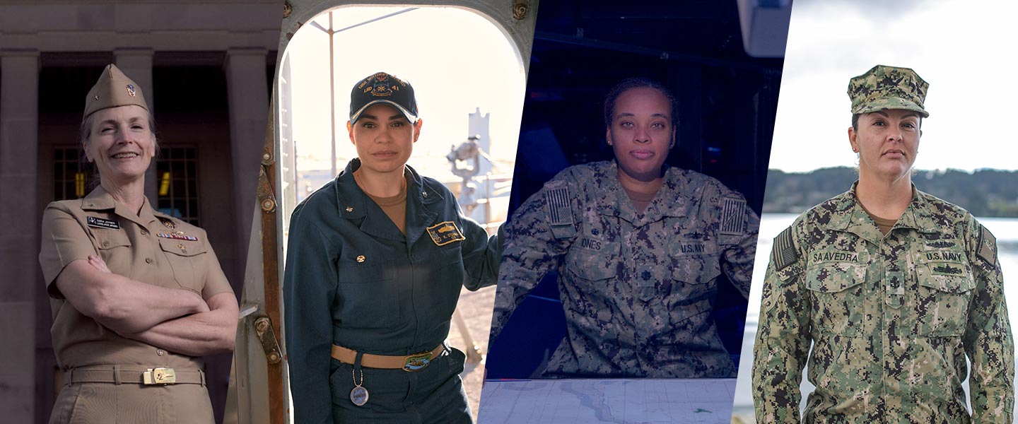 Official United States Navy headshots of Rear Admiral Sara Joyner, Commander Kristel O’Cañas, Commander Kelley Jones and Chief Dominique Saavedra