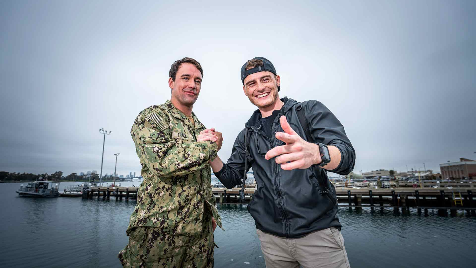 YouTube creator DALLMYD shakes hands with NAVY EOD diver after concluding their challenge