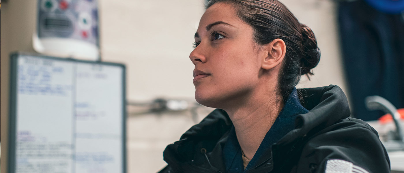 A United States Navy lawyer attends a training session during a stint aboard a Navy ship.