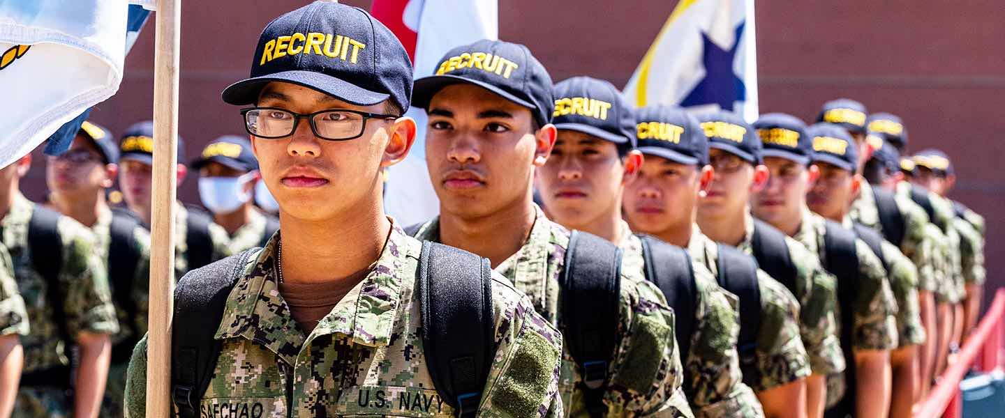 Navy recruits march at Navy boot camp in Great Lakes, IL