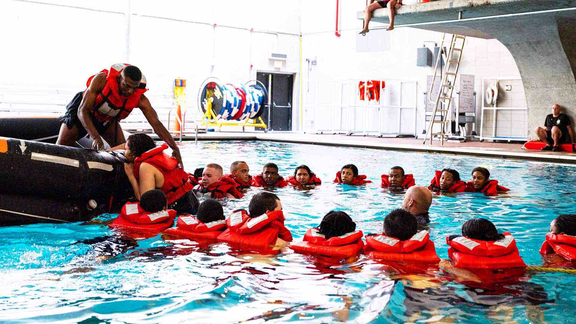 Navy Recruits participate in a swim test at Recruit Training Command, or Navy Boot Camp, in Great Lakes, IL. 