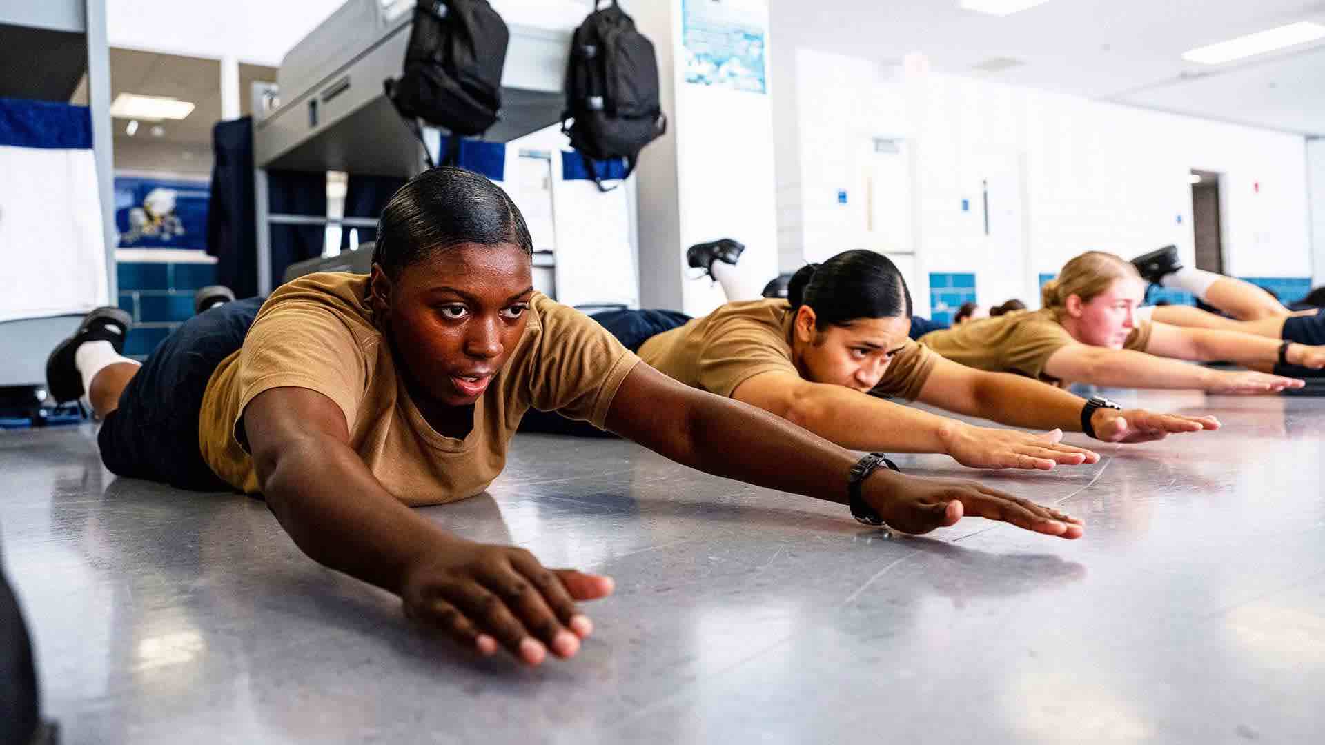 Navy Recruits participate in physical fitness training at Recruit Training Command, or Navy Boot Camp, in Great Lakes, IL. 