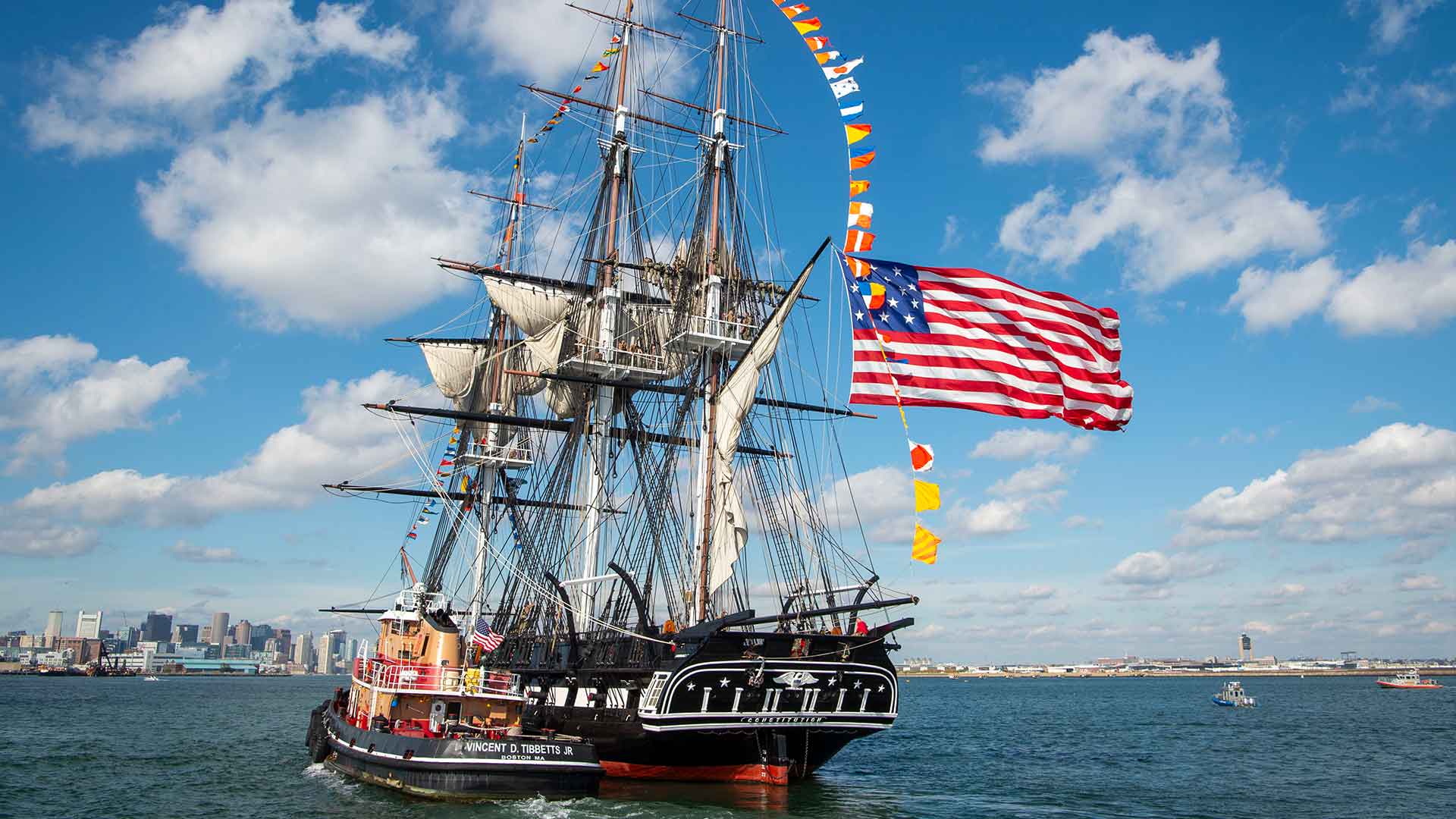 The USS Constitution, the U.S. Navy's oldest commissioned warship sails during a heritage event.