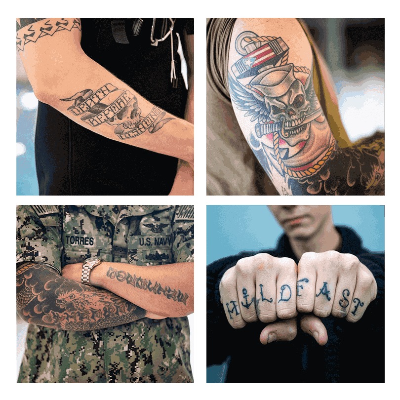 U.S. Navy Sailors proudly display their tattoos including forearm, full arm sleeve, bicep, and knuckles.