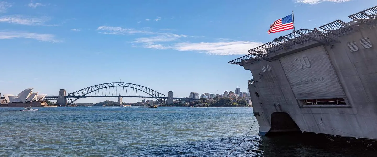 The USS Canberra (LCS 30) passes through Sydney, Australia.